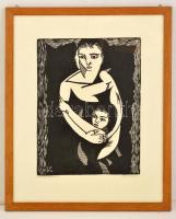 Olvashatatlan jelzéssel: Anya a gyermekével. Linó, papír, üvegezett keretben, 32×24 cm