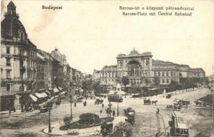 Budapest VII. Baross tér, Központi (Keleti) pályaudvar, Baross szobor, villamos, üzletek (Rb)