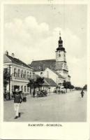 Somorja, Samorín; utcakép templommal, automobil, iskola / street view with school, church and automobile