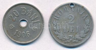 Románia 1875. 2L Ag + 1906. 20b Cu-Ni "I. Károly" T:2-3 ly. Romania 1875. 2 Lei Ag + 1906. 20 Bani Cu-Ni "Carol I" C:XF-F hole