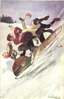 Sleighing people, humour, accident, winter sport. B. K. W. I. 371-3. s: Schönpflug (EK)