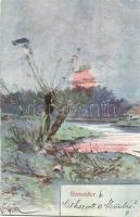 Sunset, landscape art postcard. B. K. W. I. 724-11. artist signed (EK)