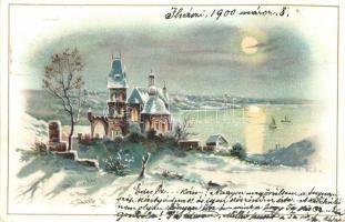 Winter greeting card, snowy landscape at night. Art Nouveau, litho (kis szakadás / small tear)