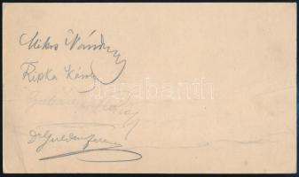 1905 Gubányi Károly (1867-1935) vasútmérnök, Ripka Károly (?-?) vasúti igazgató és mások aláírásai a budapesti II. kerületi állami reáliskola jubileumi díszebédjének díszes étlapjának hátulján