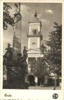 Zombor, Sombor; Régi városháza, Szentháromság szobor, üzlet / old town hall, shop, Trinity statue