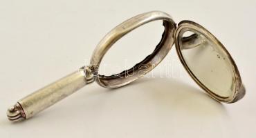 Ezüst (Ag) sminktükör, nyelében rúzstartóval, jelzett, hiányos, h: 15 cm bruttó: 95,2 g