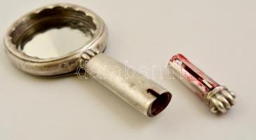 Ezüst (Ag) sminktükör, nyelében rúzstartóval, jelzett, hiányos, h: 15 cm bruttó: 95,2 g