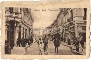 Lugos, Lugoj; Deák Ferenc utca, Horger Ferenc üzlete, kerékpár, létra. Auspitz Adolf kiadása / street view, shops, bicycle, ladder (fl)