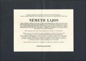 1991 Németh Lajos (1929-1991) művészettörténész, MTA levelező tag, ELTE tanszékvezető egyetemi tanár, Magyar Képzőművészek és Iparművészek Szövetségének elnökének halálozási értesítője.