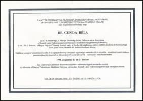 1994 Dr. Gunda Béla (1911-1994) néprajztudós, MTA tag, Néprajzi Bizottság elnöke, Debrecen díszpolgára, egyetemi tanár halálozási értesítője