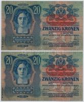 1913. 20K II. kiadás (2x) sorszámkövetők, mindkettő piros "Deutschösterreich" felülbélyegz...