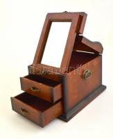 Fiókos hordozható asztali tükör, fa fém veretekkel, jó állapotban, m:19 cm,  17×26 cm