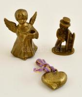 Réz figurák (angyalka, kéményseprő, szív), 3 db, m: 3, 4,5 és 6 cm
