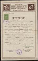 1932 Kőműves segédlevél, Budapesti Kőmívesmesterek és Kőfaragómesterek Ipartestülete, 50 f. okmánybé...