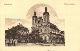 Nagyszombat, Tyrnau, Trnava; Pázmány tér, Inválidus templom és rokkantak háza. Haas Pannonia nyomda kiadása / Invalidsky kostol / Pazman square, church and institute for the disabled