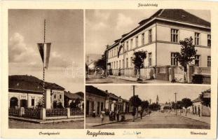 Nagyberezna, Velykyi Bereznyi, Velky Berezny; Országzászló, Járásbíróság, utcakép, üzletek. Mérai Jánosné kiadása / Hungarian flag, court, street view, shops