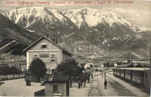 Puchberg am Schneeberg, Station, Endpunkt der Adhäsionsbahn u. Beginn der Zahnradstrecke. Verlag u. Fotografie H. Schuhmann No. 919. / railway station, endpoint of the adhesion railway and the beginning of the cogwheel route (rack railway), locomotive