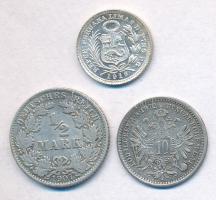 Vegyes: Ausztria 1872. 10kr Ag + Német Birodalom 1907A 1/2 Mark Ag + Peru 1916. 1/2D Ag T:2,2-
Mixe...
