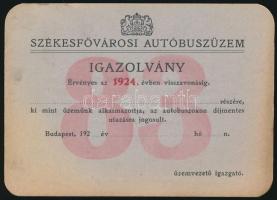 1924 Bp., Székesfővárosi autóbuszüzem által kiadott igazolvány, használatlan