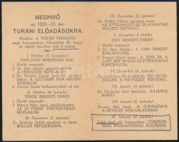 1932-1933 Meghívó turáni előadásokra, rendezi a Turáni Társaság