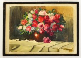 Csók jelzéssel: Asztali virágcsendélet. Akvarell, papír, üvegezett keretben, 43×62 cm