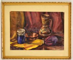 Basch jelzéssel: Asztali csendélet. Akvarell, papír, üvegezett keretben, 29×41 cm