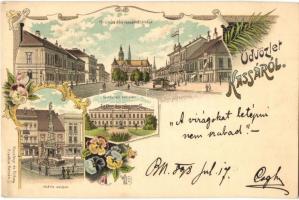 1898 Kassa, Kosice; Fő utca, lóvasút, Gazdasági tanintézet, Mária szobor. Koczányi és Vitéz kiadása / main street, horse-drawn tram, school, statue. Art Nouveau, floral, litho