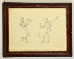 Faragó jelzéssel: Felszolgáló lány, vándor fiú. Ceruza, papír, üvegezett keretben, 22×35 cm