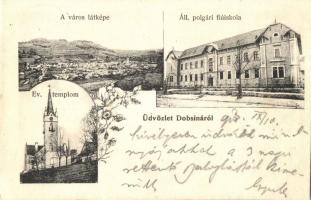 Dobsina, Állami polgári fiú iskola, Evangélikus templom / boy school, Lutheran church. Floral, Art Nouveau