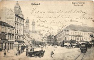 Budapest VII. Károly körút, villamos, Dohány utcai zsinagóga, Dreher sörfőzőjének főraktára, Schlinger Ferenc, Szikla D. Frank és Steiner, Kohn Mór és Fiai, Spieler üzlete, Vörös Bak vendéglő, étterem és kávéház (EK)