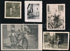 cca 1941-1949 5 db biciklis fotó, egy részük hátulján feliratozva, különböző méretben