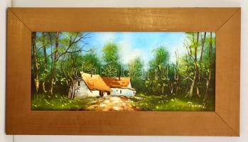 Pancza Ildikó (1984-): Házak az erdőben. Olaj, farost, jelzett, keretben, 20×45 cm