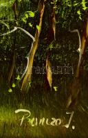 Pancza Ildikó (1984-): Házak az erdőben. Olaj, farost, jelzett, keretben, 20×45 cm