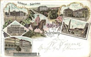 1897 (Vorläufer!) Sopron, Oedenburg; Rathaus, Höhere-Tochter-Schule, Theater, Casino, Comitatsplatz, Kasernen, Ungar. Leib-Garde / Városház, Felső leány iskola, Deák tér, Színház, Kaszinó, Megyeház tér, Katonai laktanya, Magyar testőr. Regel & Krug No. 1022. Art Nouveau, floral, litho (EK)