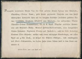 1818 Báró Splényi Gábor (1734-1818) altábornagy német nyelvű gyászjelentése, hátoldalán dédunokája, Jekelfalussy Zoltán (1862-1945) Fiume utolsó magyar kormányzójának háromsoros saját kézzel aláírt megjegyzésével