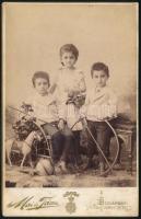 cca 1900 Gyerekek játékokkal, keményhátú fotó Mai és Társa budapesti műterméből, 16,5×10,5 cm