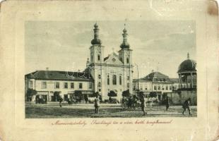 Marosvásárhely, Targu Mures; Széchenyi tér, Római katolikus templom, Schuster Ödön üzlete, piac. W. L. Bp. 6430/31. / square, church, shops, market (EB)