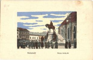 Kolozsvár, Cluj; Mátyás király tér, Mátyás király szobor, üzletek / square, statue, shops (EK)