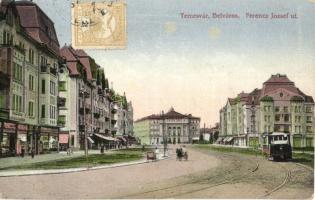 Temesvár, Timisoara; Belváros, Ferenc József út, villamos, üzletek. Nyomta Glass és Tuscher / street view, tram, shops. TCV card (EB)