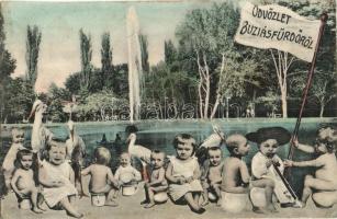 Buziás, Buzias; fürdő. humoros montázslap gyerekekkel és gólyákkal / spa, bath. humorous montage card with children and storks (r)