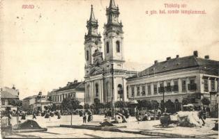 Arad, Thököly tér a Görögkeleti román (ortodox) templommal, piac, üzlet / square, Romanian Orthodox church, market, shops - képeslapfüzetből / from postcard booklet