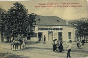 Perjámos, Periam; Stefan Péter üzlete, hintó. W. L. Bp. 1323. / shop front, chariot, coach (ázott sarkak / wet corners)