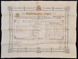 1857-1858 Pécsi Püspöki Tanító Intézet végbizonyítványa és bizonyítványa, szárazpecsétekkel, 1db 30 kr. okmánybélyeggel, aláírásokkal, német nyelven, hajtásnyomokkal