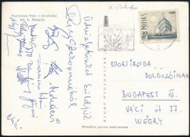 1966 a Vasas Izzó vízilabda játékosainak (Martin, Füzessi, Mohási, stb.) aláírásai Lengyelországból küldött levelezőlapon