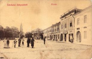 Zólyom, Zvolen, Fő tér, Schuster Kálmán üzlete. W. L. (?) 981. / main square, shops (apró szakadás / tiny tear)
