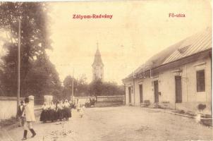 Radvány, Zólyomradvány,  Radvan nad Hronom (Besztercebánya, Banská Bystrica); Fő utca, templom, üzlet. W. L. 552. / main street, church, shop (vágott / cut)