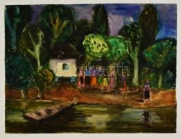 Jelzés nélkül: Asszonyok a tóparton. Akvarell, papír, 30×40 cm