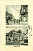 Rimaszombat, Rimavska Sobota; Kossuth utca, üzlet, Egyesült protestáns főgimnázium. W. L. Bp. 413-17. / street view, shop, grammar school