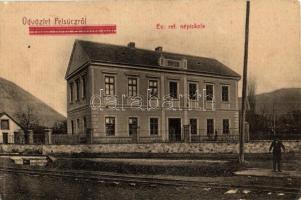 Pelsőc, Pelsücz, Plesivec; Református iskola. W. L. (?) No. 1117.  Kiadja Pártos Mór / Calvinist school (EK)