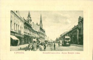 Újvidék, Novi Sad; Kossuth Lajos utca, üzletek, villamos. W. L. Bp. 6350. / street view, shops, tram (EK)
